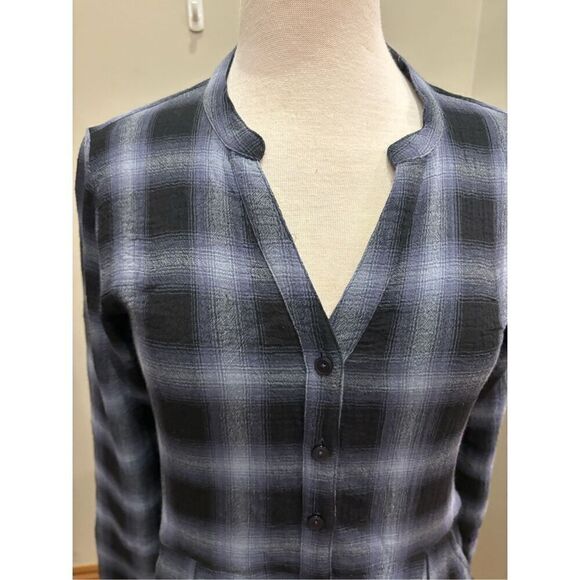 Garnet Hill Gauze Shirtdress 2 EUC navy plaid long sleeve organic cotton button - Picture 4 of 10